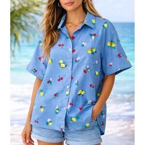 Laura Scott Blue Fruit Print Button Up Shirt Women XL Cotton Blend Top